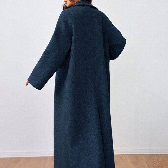 Navy Blue Casual Women's Lapel Long Coat - Picture 3 of 6